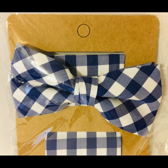 Men’s Boys Blue Check Bow Tie Handkerchief Set NEW - Picture 3 of 4
